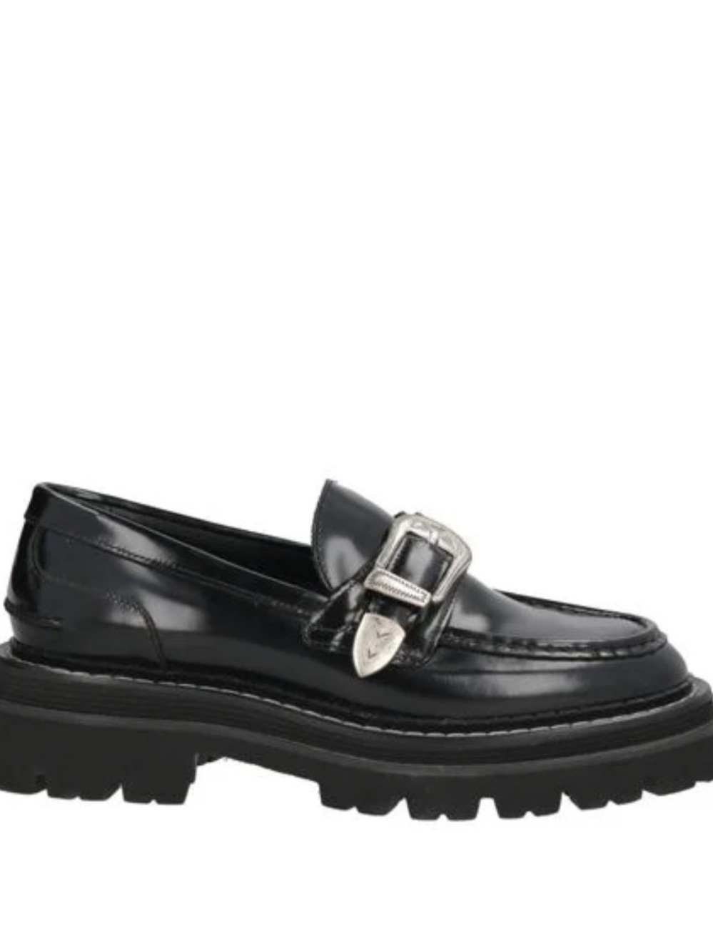Sandro Black Patent Leather Buckle Lug Sole Loafer